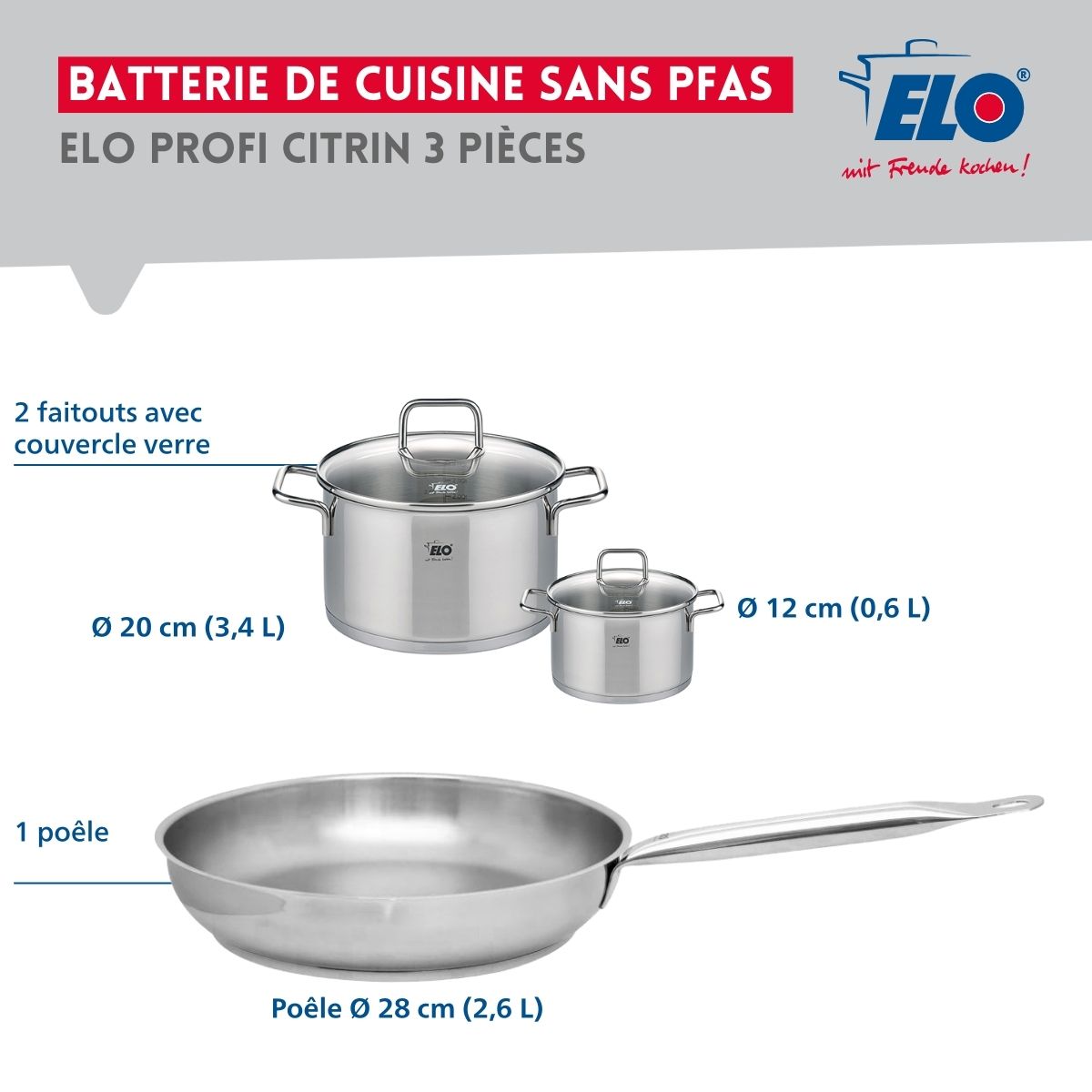 Ensemble de 1 Poêle de cuisson 28 cm et 2 faitouts 12 et 20 cm  Profi Citrin Elo - Mathon - 2