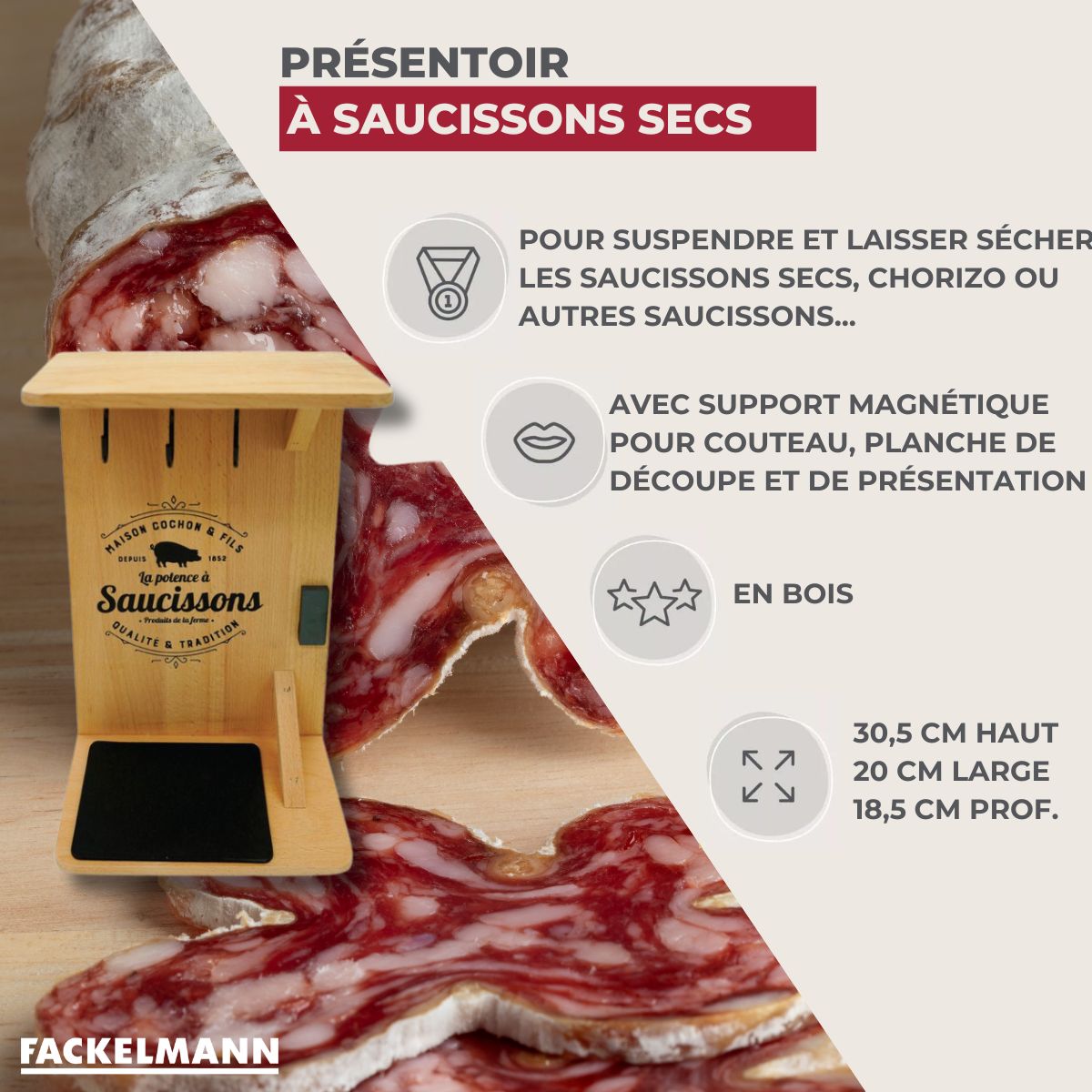Support en bois pour saucisson sec avec crochets Fackelmann - Mathon - 3