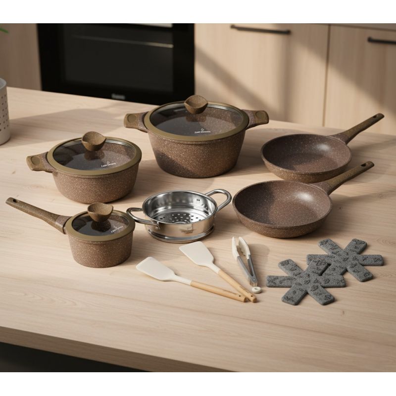 Batterie de cuisine 14 pièces avec cuiseur à vapeur Antiadhésif en Granit marron Just perfecto JL-26 Just Perfecto - Mathon - 3
