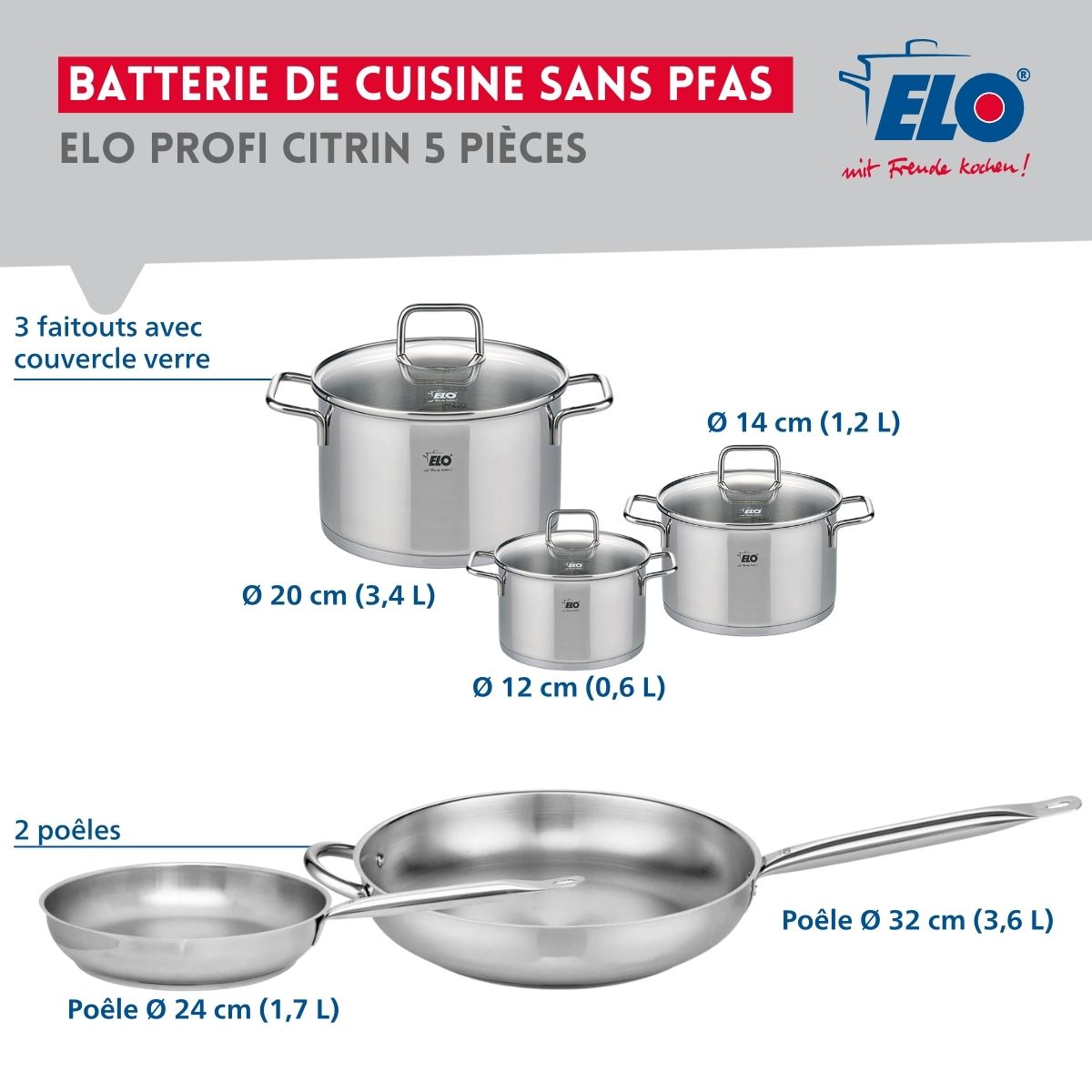 Ensemble de 2 Poêles de cuisson 24 et 32 cm et 3 faitouts 12, 14 et 20 cm  Profi Citrin Elo - Mathon - 2