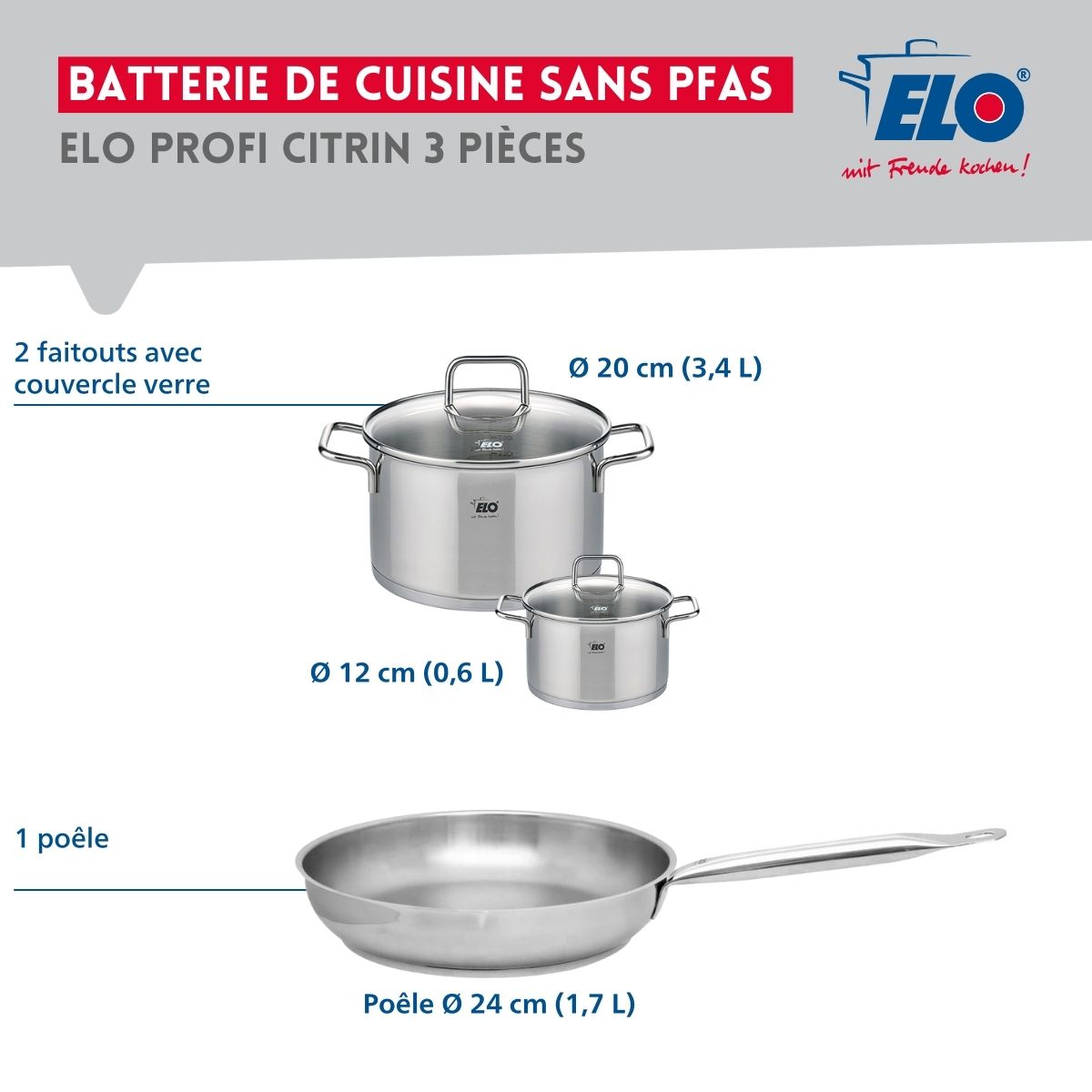 Ensemble de 1 Poêle de cuisson 24 cm et 2 faitouts 12 et 20 cm  Profi Citrin Elo - Mathon - 2