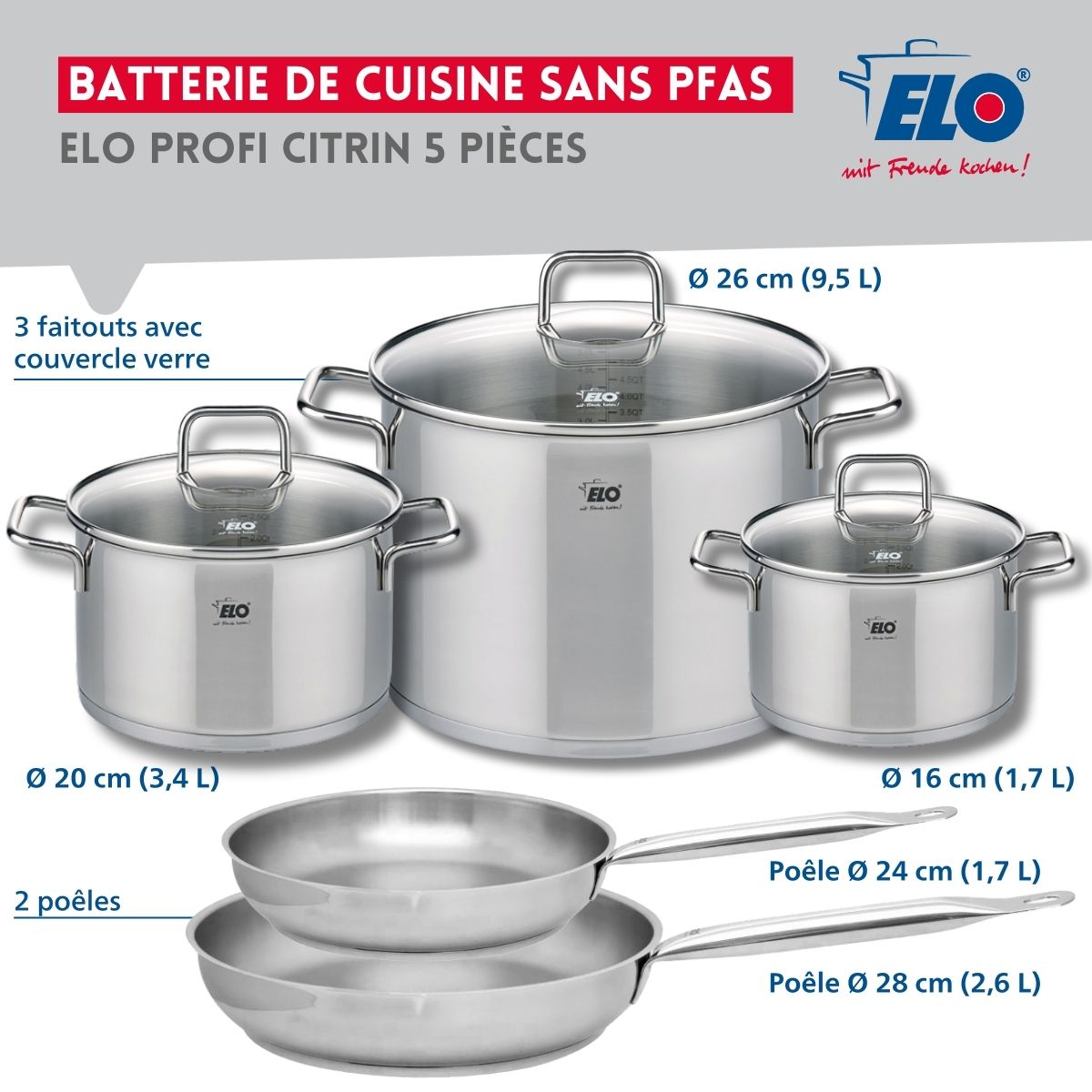 Ensemble de 2 Poêles de cuisson 24 et 28 cm et 3 faitouts 16, 20 et 26 cm  Profi Citrin Elo - Mathon - 2