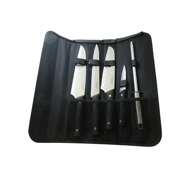 Sacoche 4 couteaux de cuisine et fusil à aiguiser manche noir Pradel Jean Dubost - Mathon