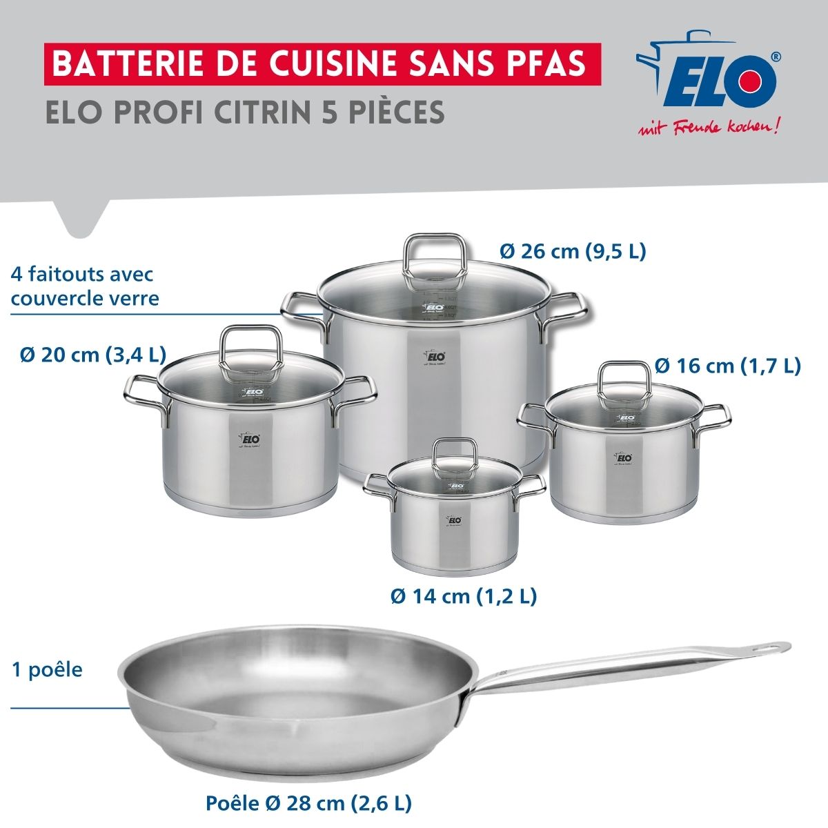 Ensemble de 1 Poêle de cuisson 28 cm et 4 faitouts 14, 16, 20 et 26 cm  Profi Citrin Elo - Mathon - 2