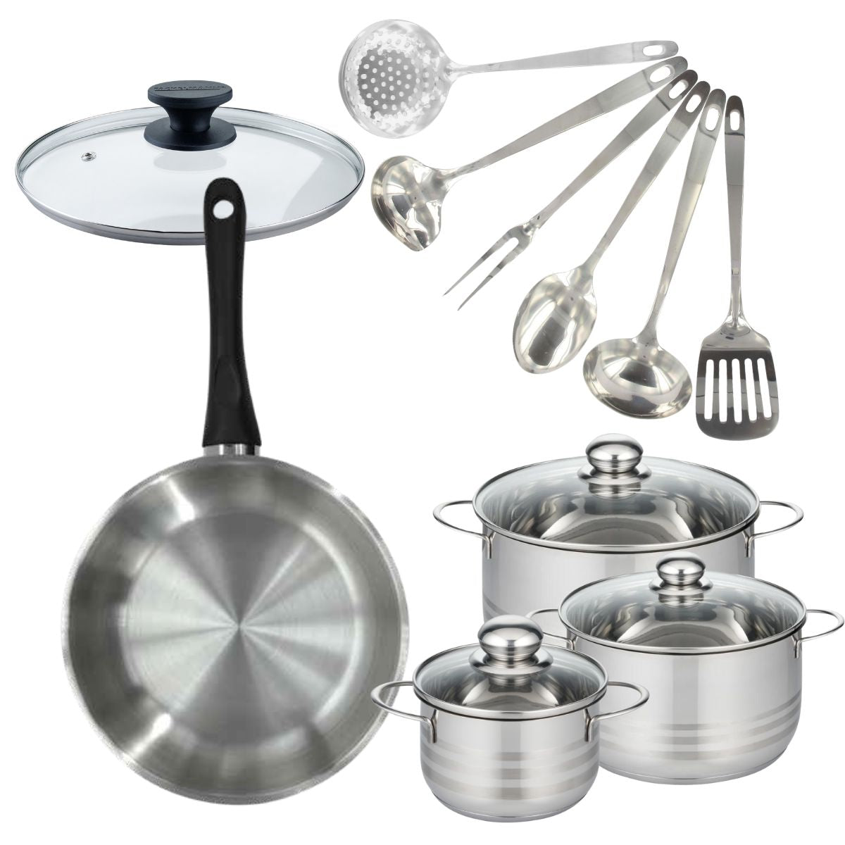 Set de 1 poêle 28 cm inox, couvercle verre, 3 faitouts inox 16, 20 et 24 cm et 6 ustensiles inox  Geneva Fackelmann - Mathon - 1