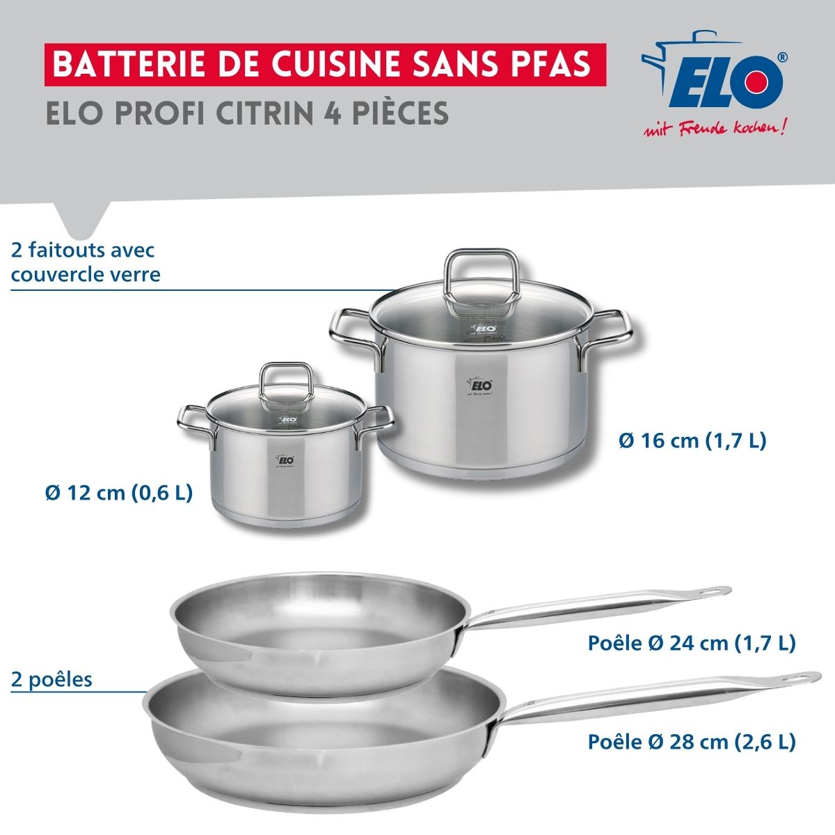 Set de 2 Poêles de cuisson 24 et 28 cm et 2 faitouts 12 et 16 cm  Profi Citrin Elo - Mathon - 2
