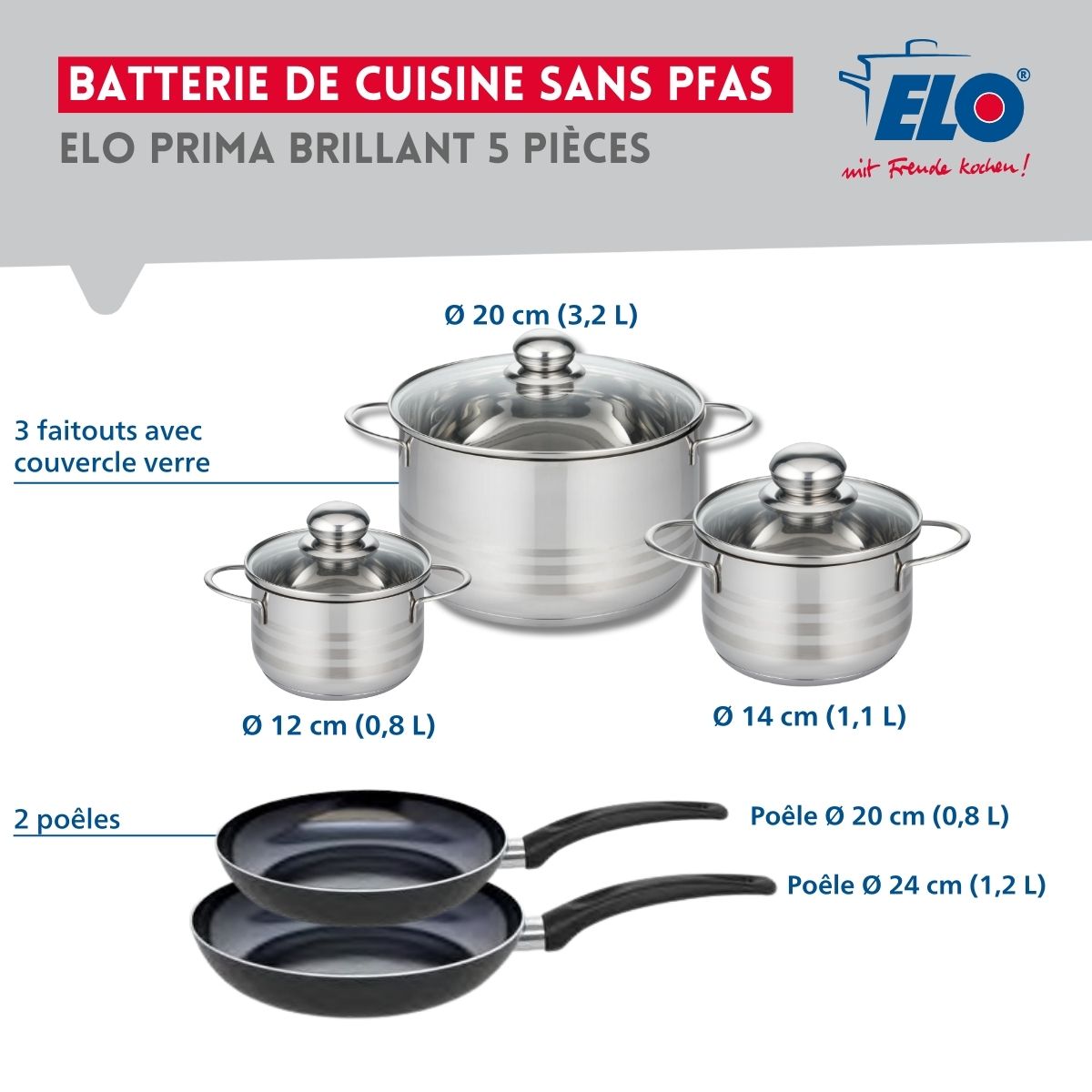 Ensemble de 2 Poêles de cuisson 20 et 24 cm et 3 faitouts 12, 14 et 20 cm  Prima Brillant Elo - Mathon - 2