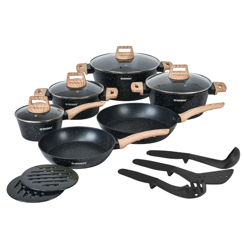 Batterie de cuisine 15 pièces avec revêtement en granit et manche en bois Noir Herzberg HGWDMRB15-BLK Herzberg - Mathon - 1