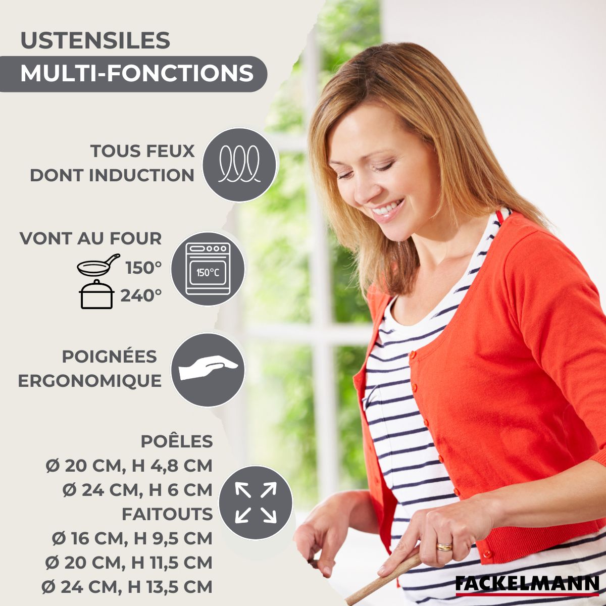 Lot de 2 Poêles 20/24cm  Geneva avec 3 Faitouts 16/20/24cm et 5 Ustensiles Fackelmann - Mathon - 3