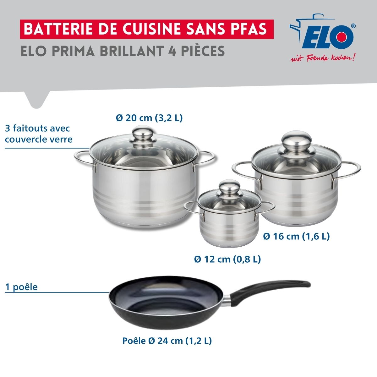 Ensemble de 1 Poêle de cuisson 24 cm et 3 faitouts 12, 16 et 20 cm  Prima Brillant Elo - Mathon - 2