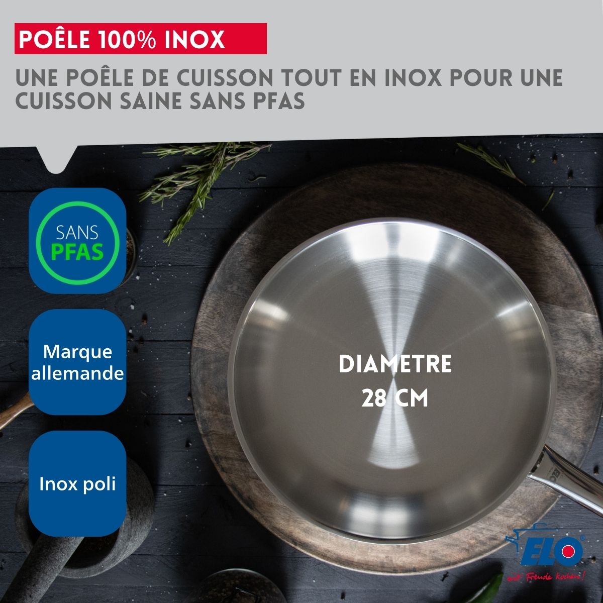Poêle à frire 28 cm en inox 18/10 et couvercle  Profi Therm Elo - Mathon - 3
