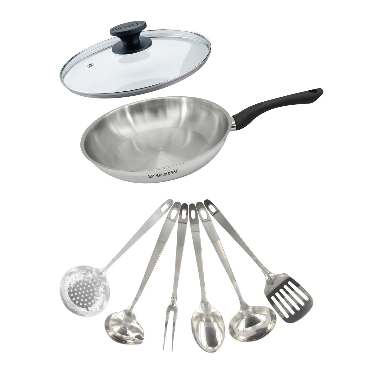 Set poêle 28 cm en inox, couvercle verre et 6 ustensiles inox  Geneva Fackelmann - Mathon - 1