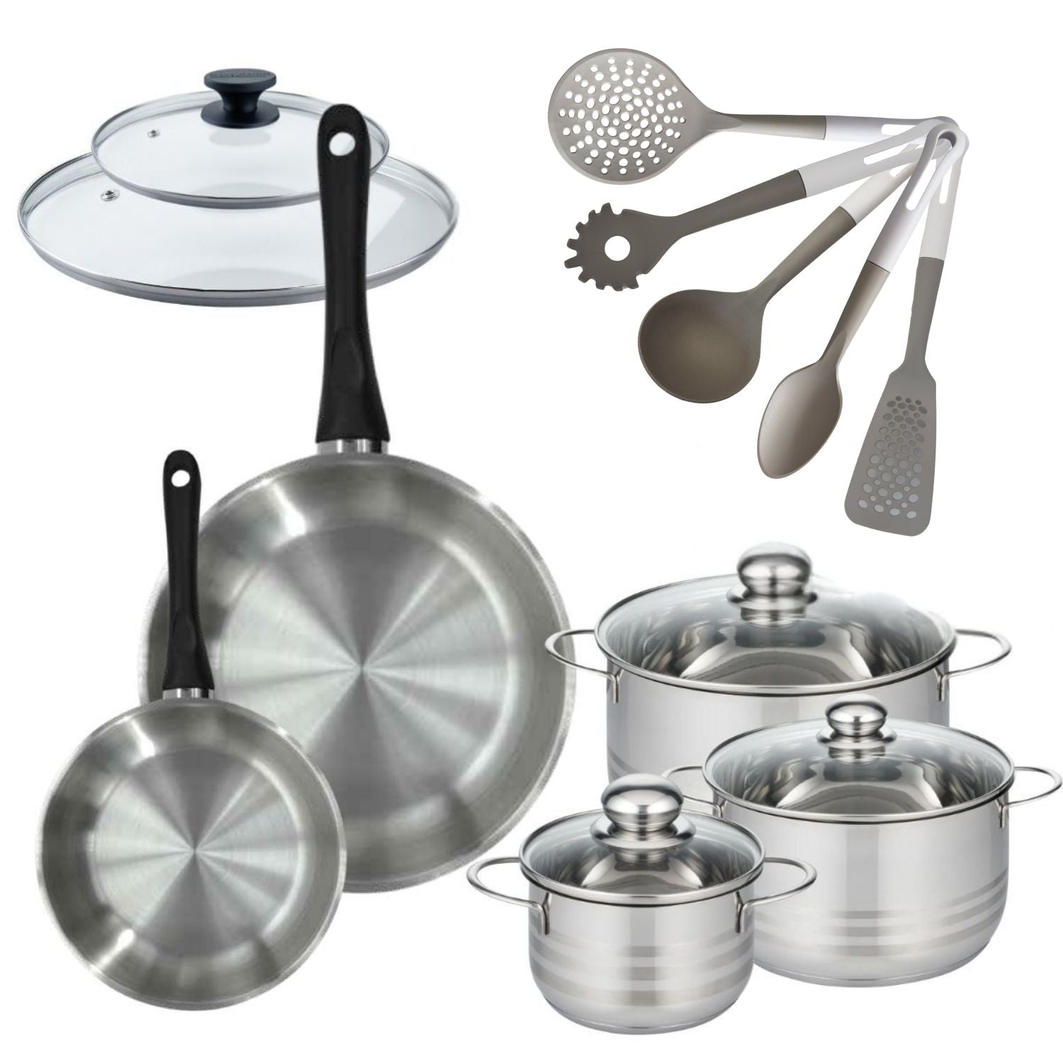 Lot de 2 Poêles 20/28 cm  Geneva avec 3 Faitouts 16/20/24 cm et 5 ustensiles Fackelmann - Mathon - 1