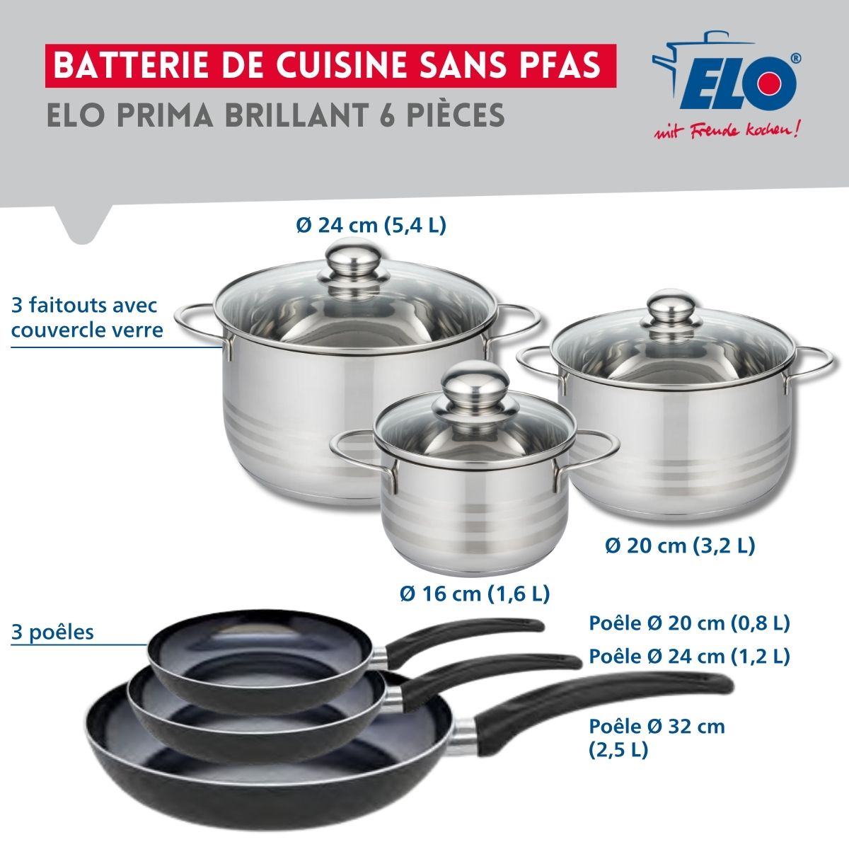 Ensemble de 3 Poêles de cuisson 20, 24 et 32 cm et 3 faitouts 16, 20 et 24 cm  Prima Brillant Elo - Mathon - 2