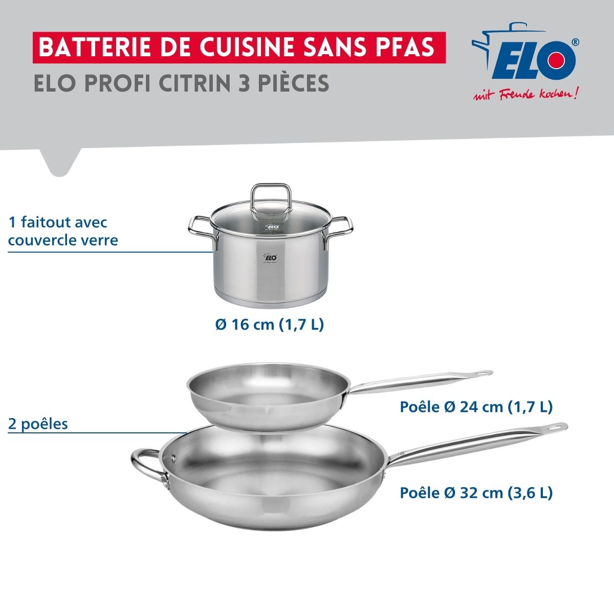 Ensemble de 2 Poêles de cuisson 24 et 32 cm et 1 faitout 16 cm  Profi Citrin Elo - Mathon - 2