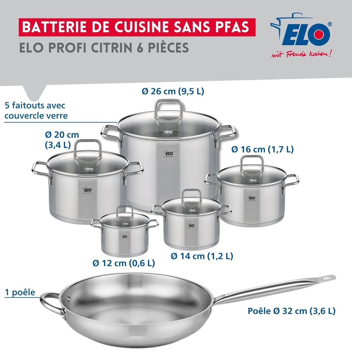 Set de 1 Poêle de cuisson 32 cm et 5 faitouts 12, 14, 16, 20 et 26 cm  Profi Citrin Elo - Mathon - 2