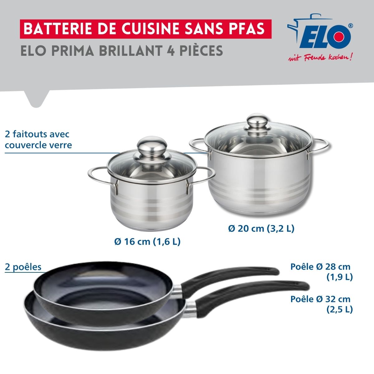 Ensemble de 2 Poêles de cuisson 28 et 32 cm et 2 faitouts 16 et 20 cm  Prima Brillant Elo - Mathon - 2