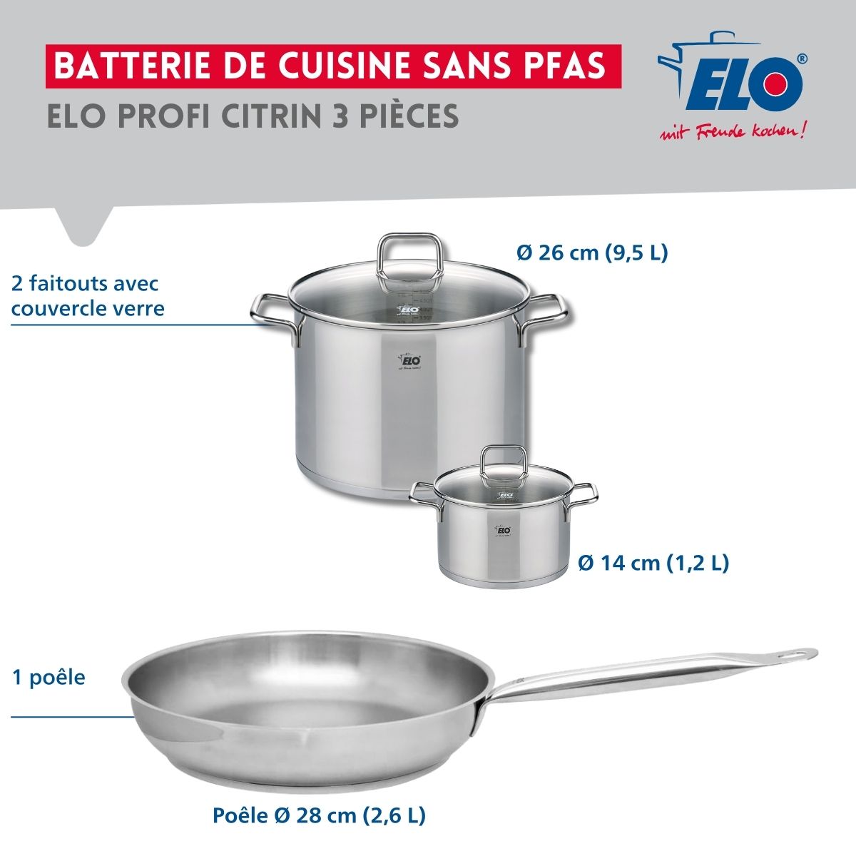 Ensemble de 1 Poêle de cuisson 28 cm et 2 faitouts 14 et 26 cm  Profi Citrin Elo - Mathon - 2
