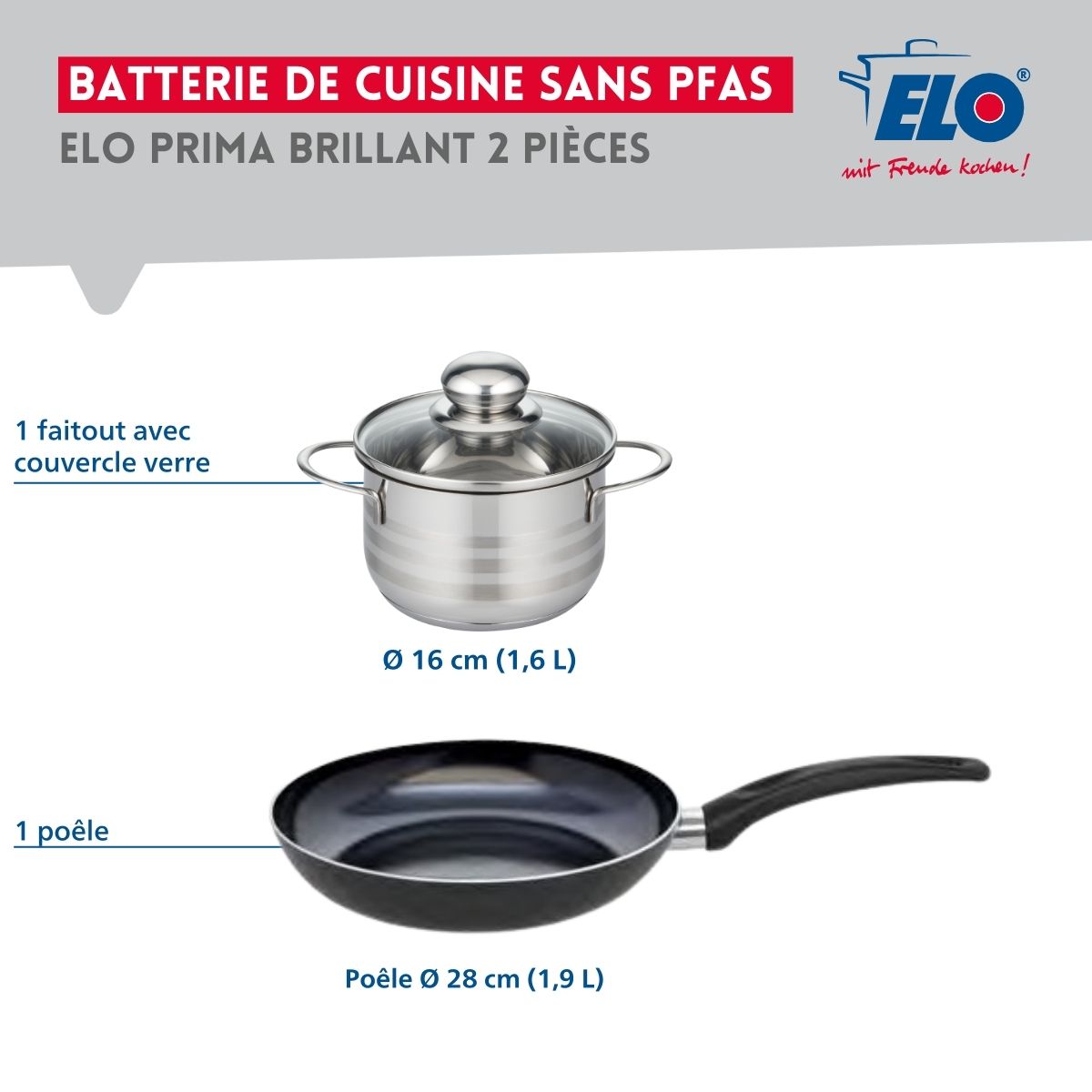 Ensemble de 1 Poêle de cuisson 28 cm et 1 faitout 16 cm  Prima Brillant Elo - Mathon - 2