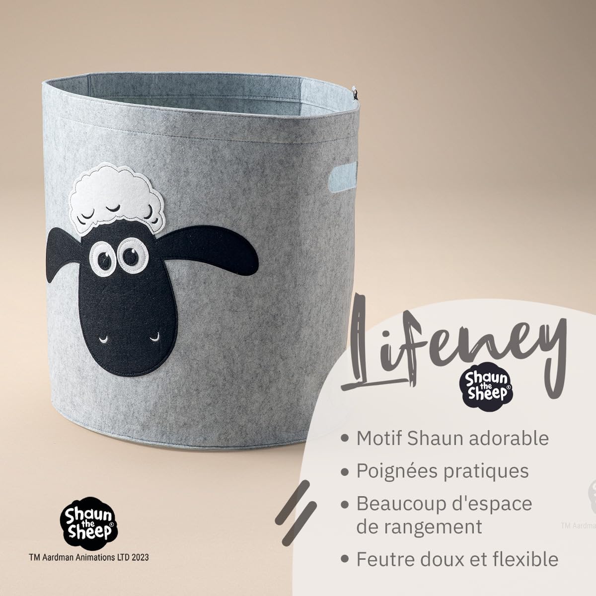 Panier à linge sale gris en feutre motif tête de mouton Lifeney Shaun le mouton Fackelmann - Mathon - 2