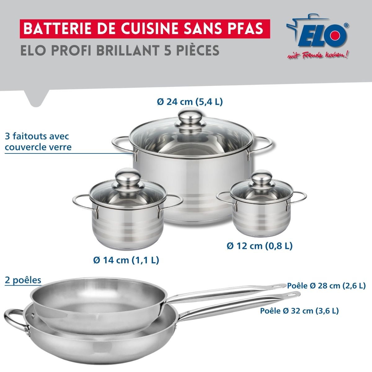 Ensemble de 2 Poêles de cuisson 28 et 32 cm et 3 faitouts 12, 14 et 24 cm  Profi Brillant Elo - Mathon - 2