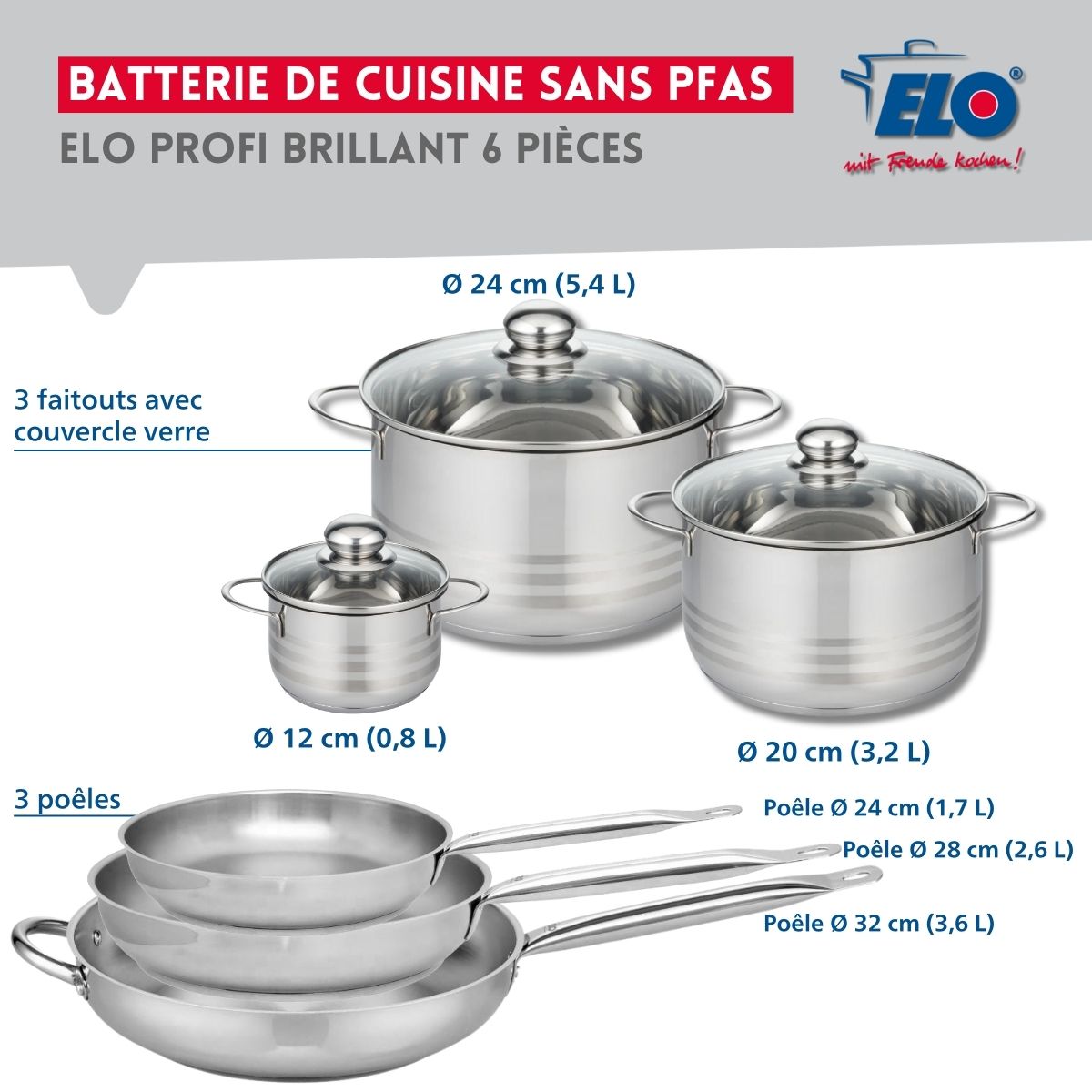 Ensemble de 3 Poêles de cuisson 24, 28 et 32 cm et 3 faitouts 12, 20 et 24 cm  Profi Brillant Elo - Mathon - 2