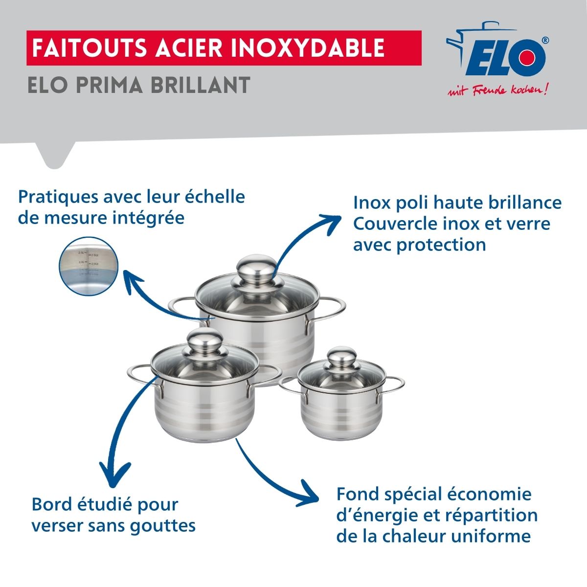 Ensemble de 1 Poêle de cuisson 20 cm et 3 faitouts 12, 14 et 16 cm  Prima Brillant Elo - Mathon - 3