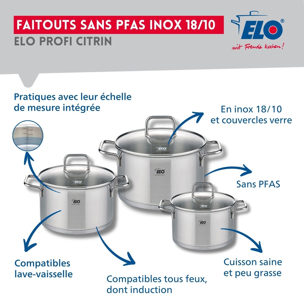 Ensemble de 3 Poêles de cuisson 24, 28 et 32 cm et 3 faitouts 12, 14 et 16 cm  Profi Citrin Elo - Mathon - 3