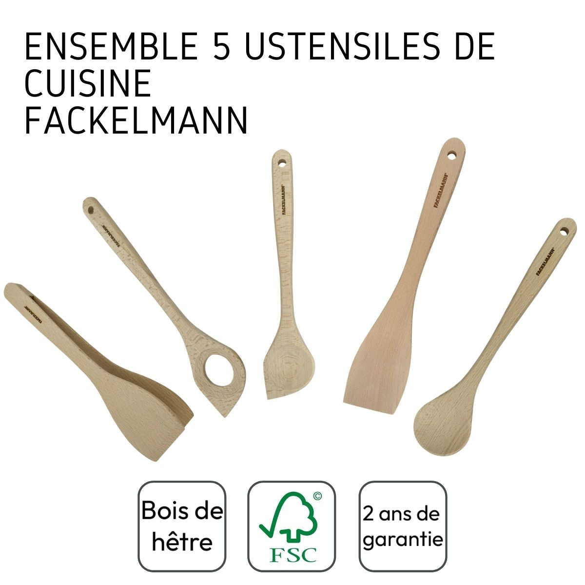 Ensemble de pince, spatule et cuillères en bois FSC  Nature Fackelmann - Mathon - 4