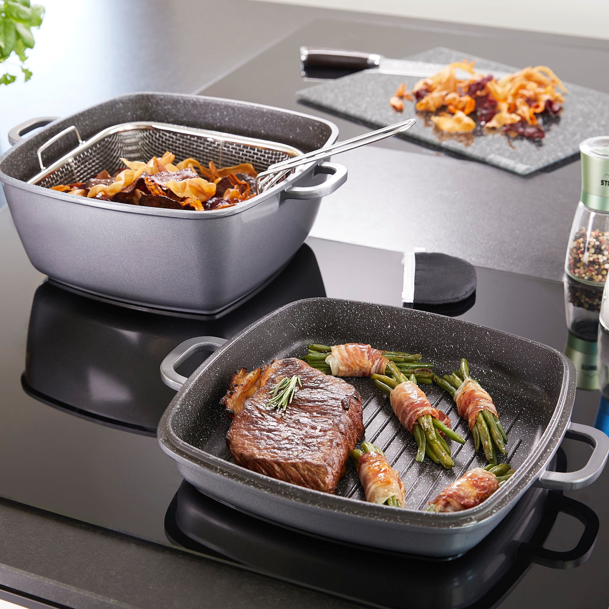 Poêle rectangulaire multifonctions 28 x 28 cm, avec cuisson vapeur et friteuse Stoneline - Mathon - 3