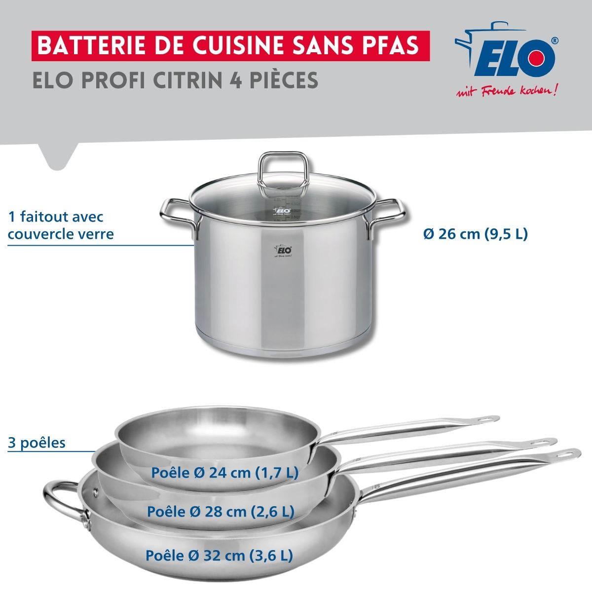 Ensemble de 3 Poêles de cuisson 24, 28 et 32 cm et 1 faitout 26 cm  Profi Citrin Elo - Mathon - 2