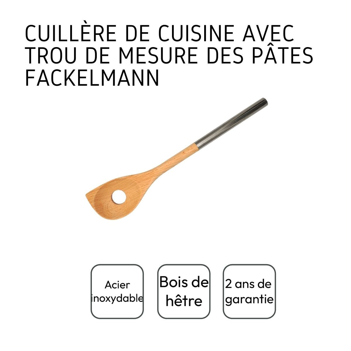 Ensemble de 2 Cuillères en bois biseautée avec un trou manche inox 34 cm  Boissellerie Fackelmann - Mathon - 4