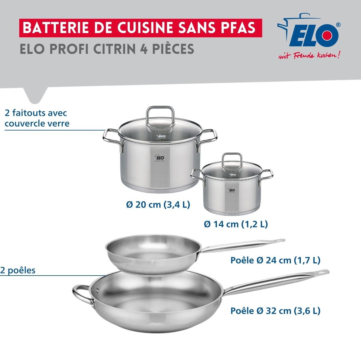 Ensemble de 2 Poêles de cuisson 24 et 32 cm et 2 faitouts 14 et 20 cm  Profi Citrin Elo - Mathon - 2