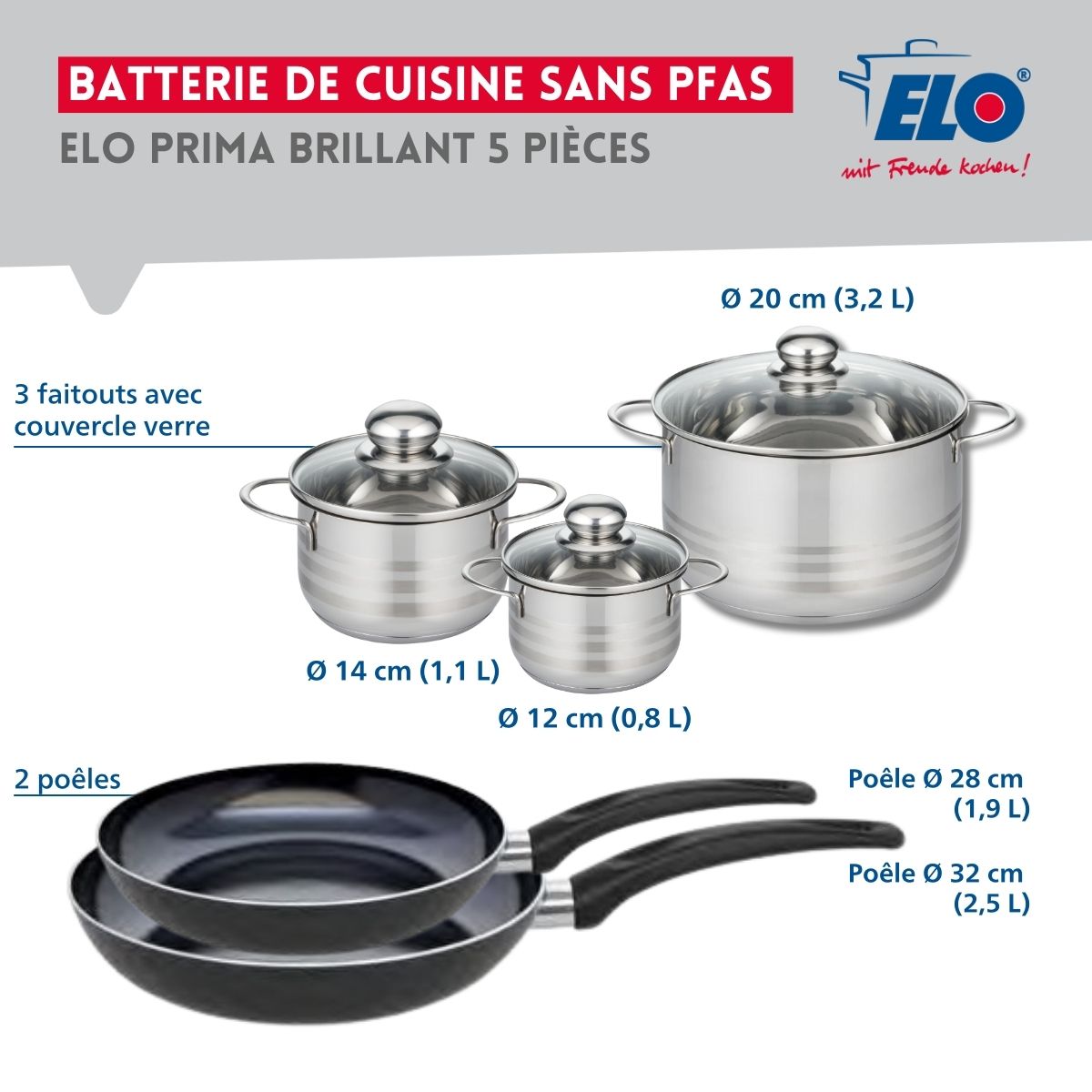 Ensemble de 2 Poêles de cuisson 28 et 32 cm et 3 faitouts 12, 14 et 20 cm  Prima Brillant Elo - Mathon - 2