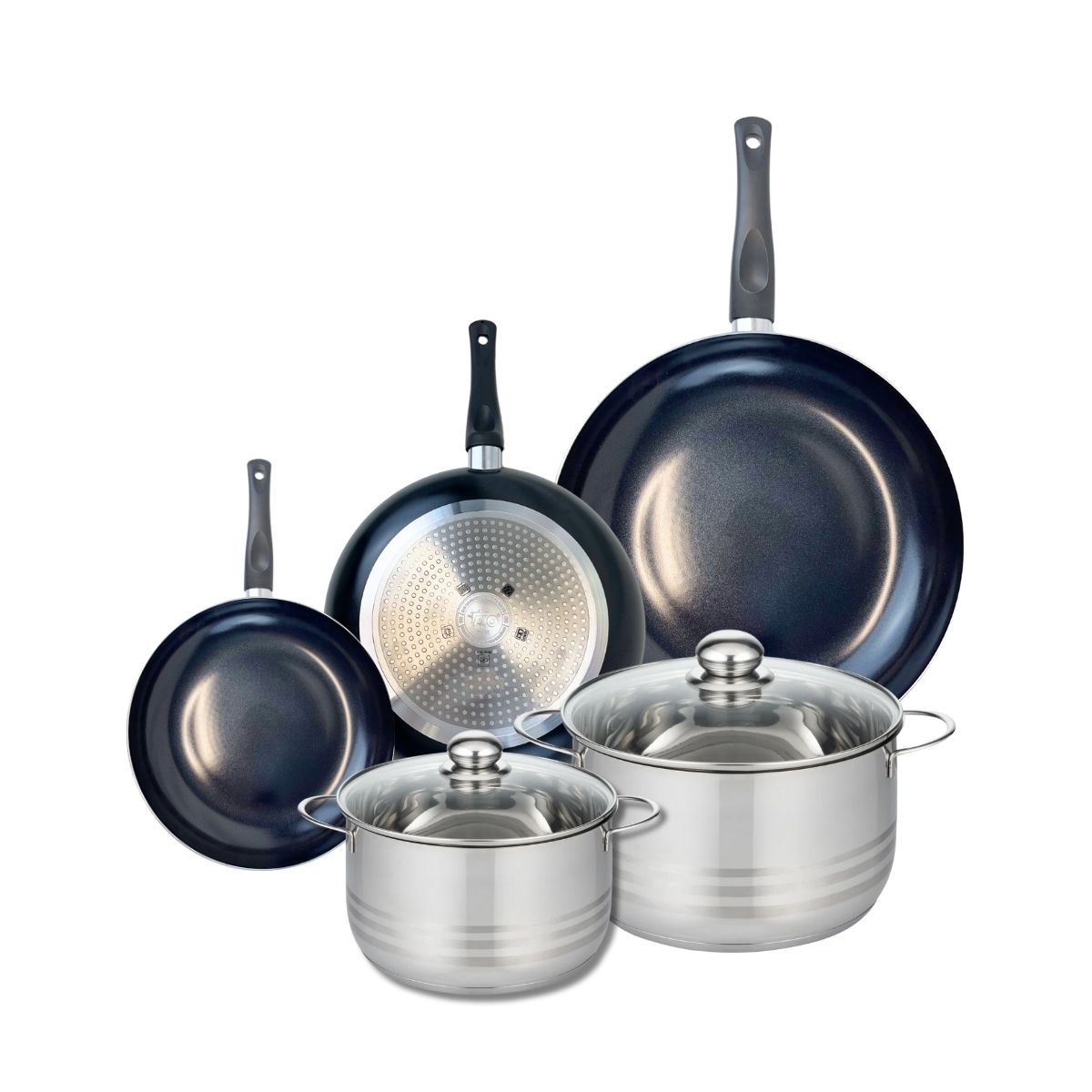 Ensemble de 3 Poêles de cuisson 20, 24 et 32 cm et 2 faitouts 20 et 24 cm  Prima Brillant Elo - Mathon - 1