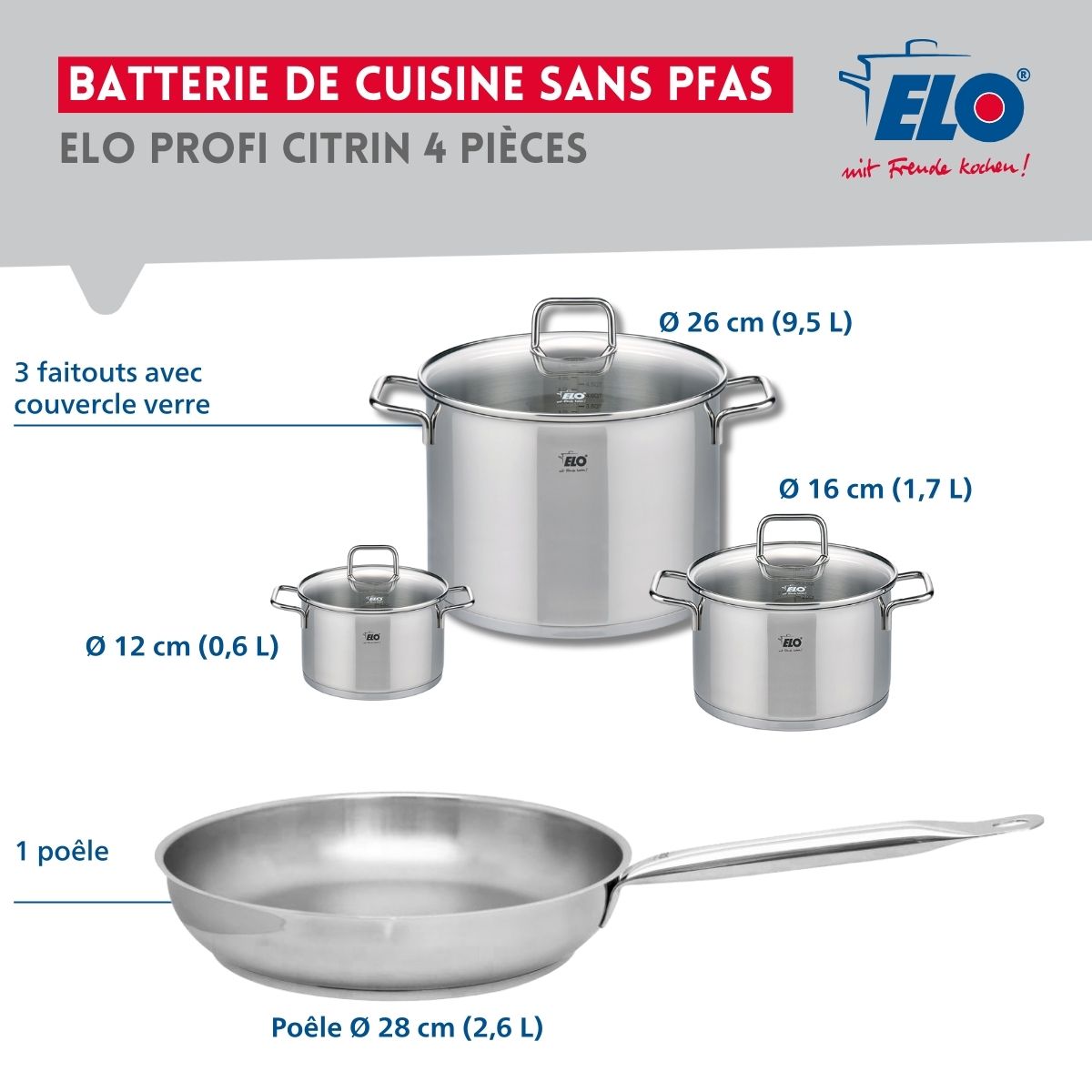 Ensemble de 1 Poêle de cuisson 28 cm et 3 faitouts 12, 16 et 26 cm  Profi Citrin Elo - Mathon - 2