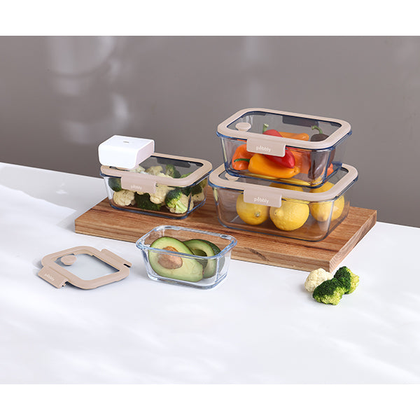 4 boîtes de conservation sous vide 460 ml, 800 ml, 1200 ml et 1900 ml et pompe sous vide Pebbly - Mathon - 2