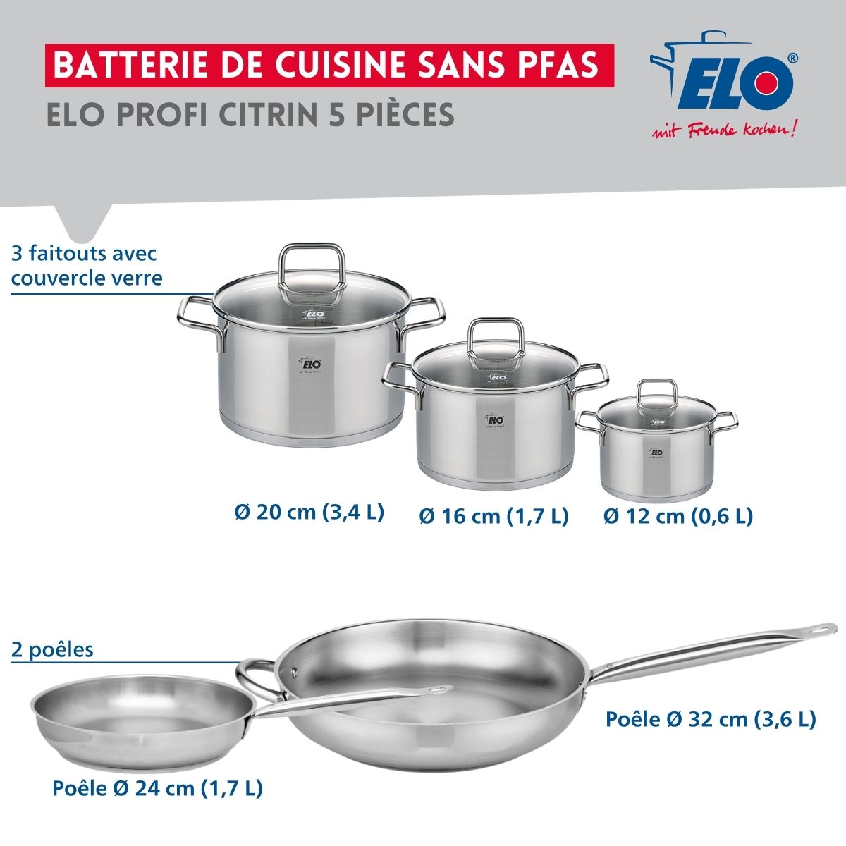 Ensemble de 2 Poêles de cuisson 24 et 32 cm et 3 faitouts 12, 16 et 20 cm  Profi Citrin Elo - Mathon - 2
