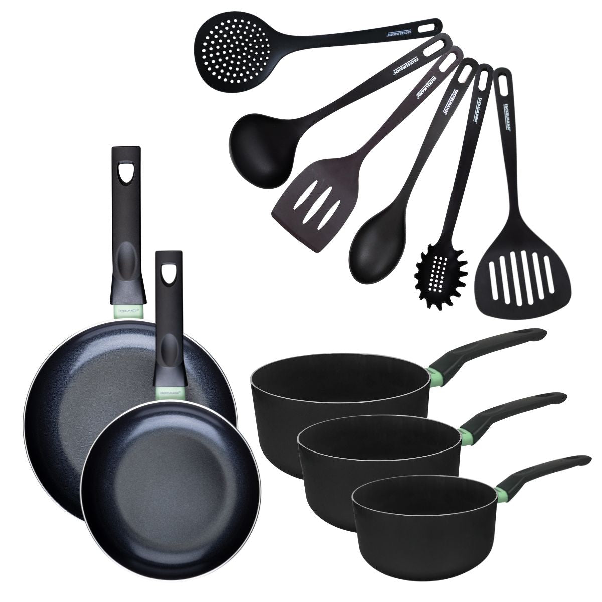 Set de 2 poêles 20 et 24 cm, 3 casseroles antiadhésives céramique 16, 18 et 20 cm et 6 ustensiles  Brandao Fackelmann - Mathon - 1