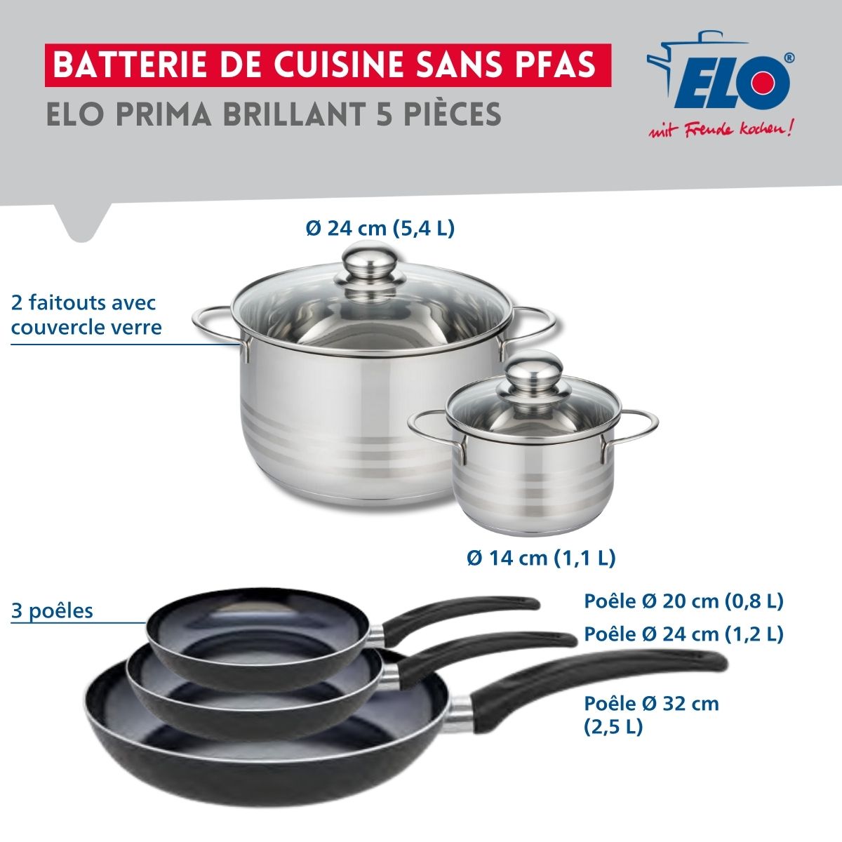 Ensemble de 3 Poêles de cuisson 20, 24 et 32 cm et 2 faitouts 14 et 24 cm  Prima Brillant Elo - Mathon - 2