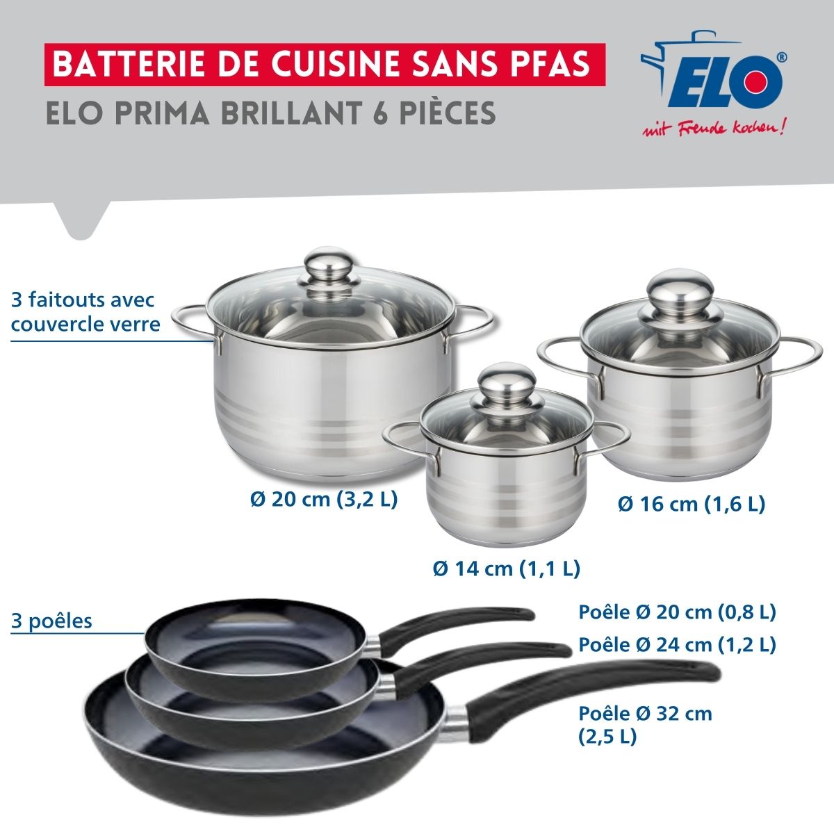 Ensemble de 3 Poêles de cuisson 20, 24 et 32 cm et 3 faitouts 14, 16 et 20 cm  Prima Brillant Elo - Mathon - 2
