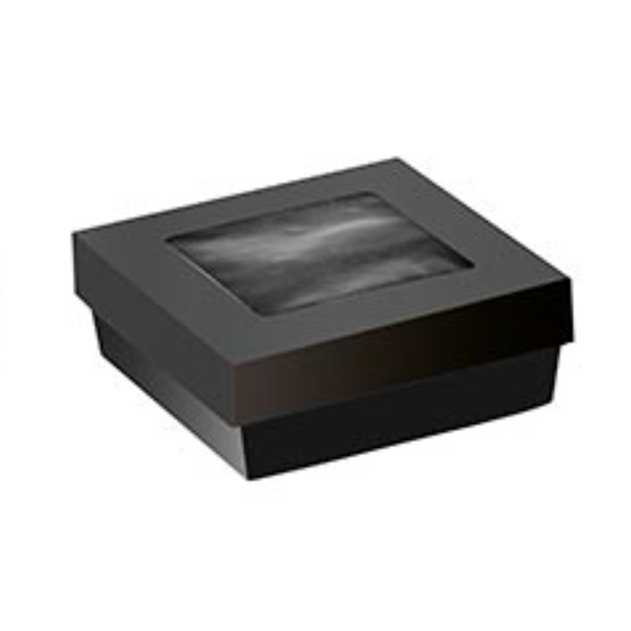 25Pcs - Boîte "Kray" carrée carton noir avec couvercle à fenêtre 135x135x50mm 700ml FirstPack - Mathon - 1
