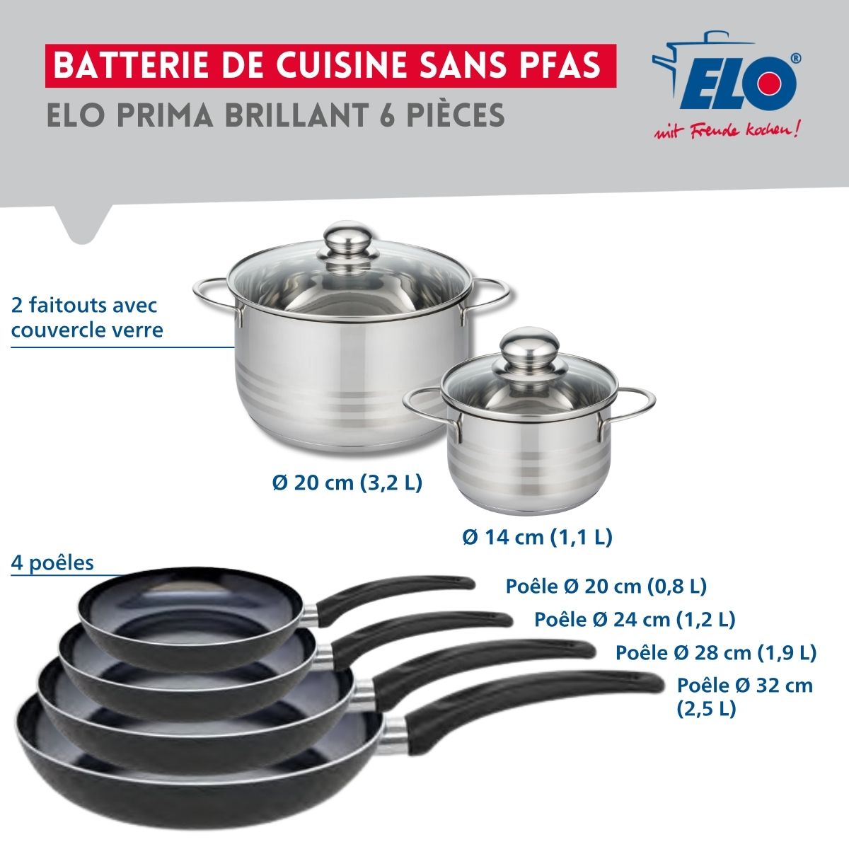 Ensemble de 4 Poêles de cuisson 20, 24, 28 et 32 cm et 2 faitouts 14 et 20 cm  Prima Brillant Elo - Mathon - 2