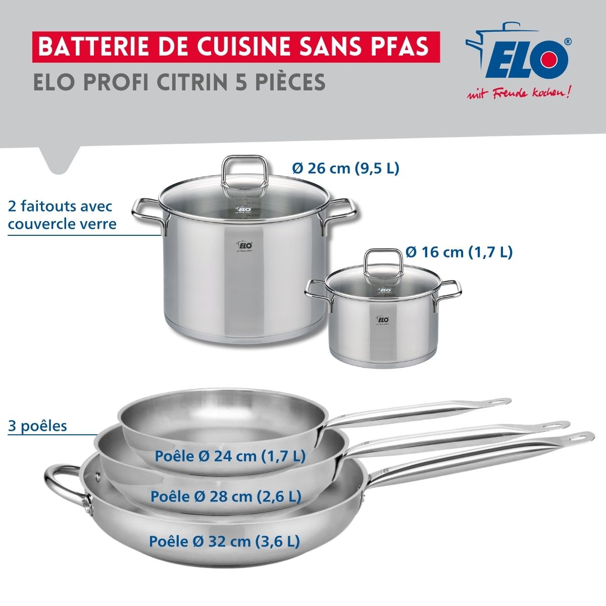 Ensemble de 3 Poêles de cuisson 24, 28 et 32 cm et 2 faitouts 16 et 26 cm  Profi Citrin Elo - Mathon - 2