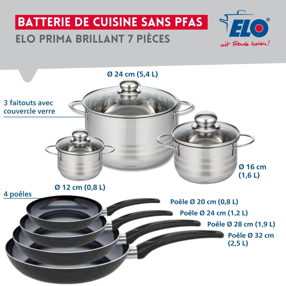 Ensemble de 4 Poêles de cuisson 20, 24, 28 et 32 cm et 3 faitouts 12, 16 et 24 cm  Prima Brillant Elo - Mathon - 2