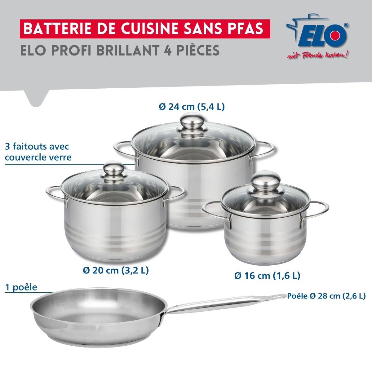 Ensemble de 1 Poêle de cuisson 28 cm et 3 faitouts 16, 20 et 24 cm  Profi Brillant Elo - Mathon - 2