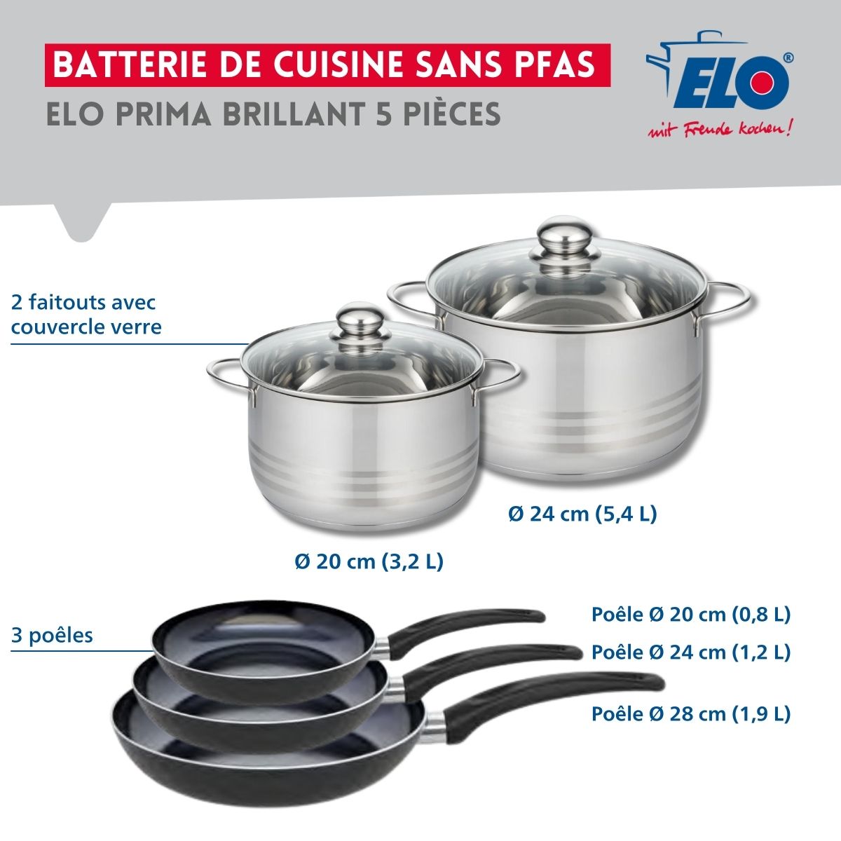 Ensemble de 3 Poêles de cuisson 20, 24 et 28 cm et 2 faitouts 20 et 24 cm  Prima Brillant Elo - Mathon - 2