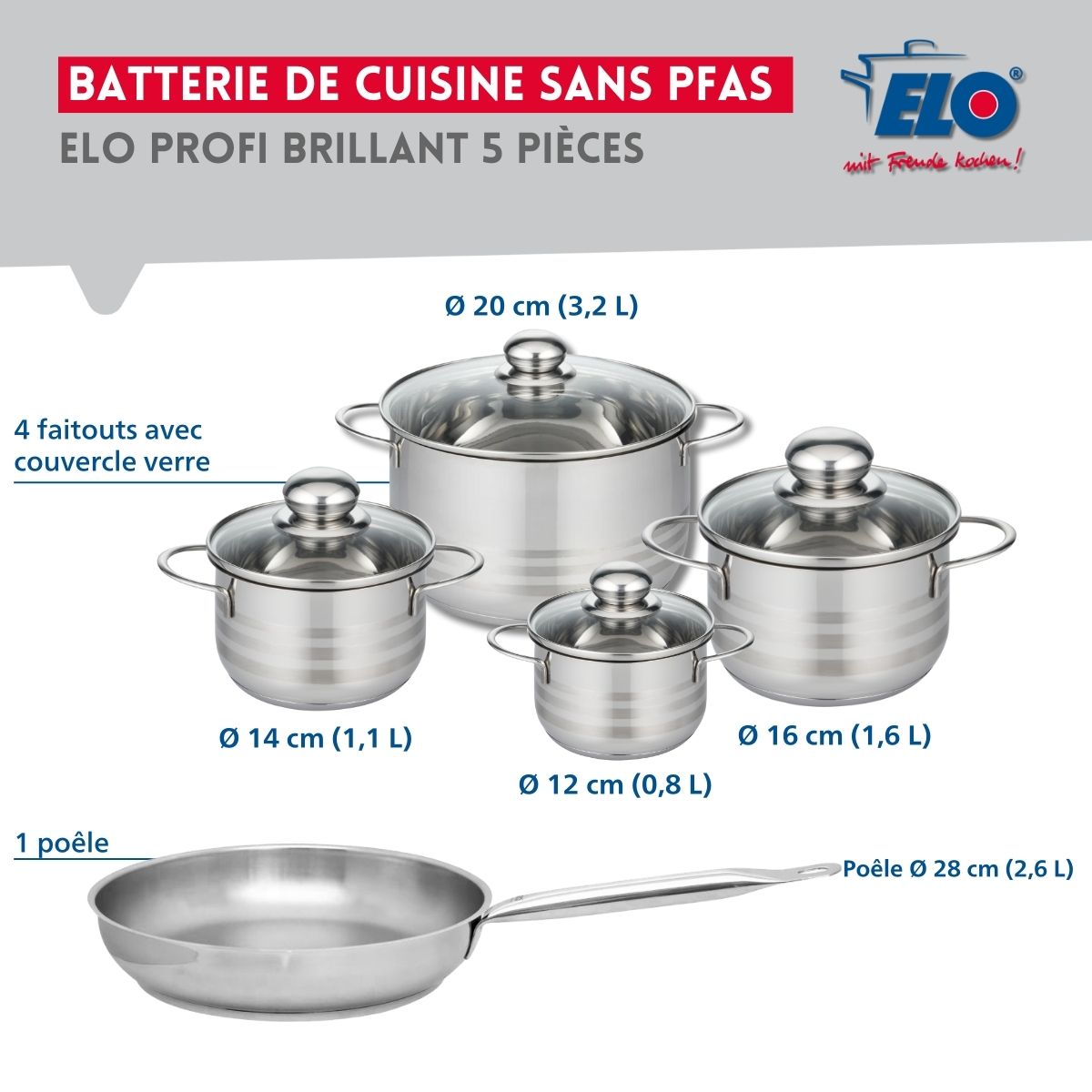Ensemble de 1 Poêle de cuisson 28 cm et 4 faitouts 12, 14, 16 et 20 cm  Profi Brillant Elo - Mathon - 2