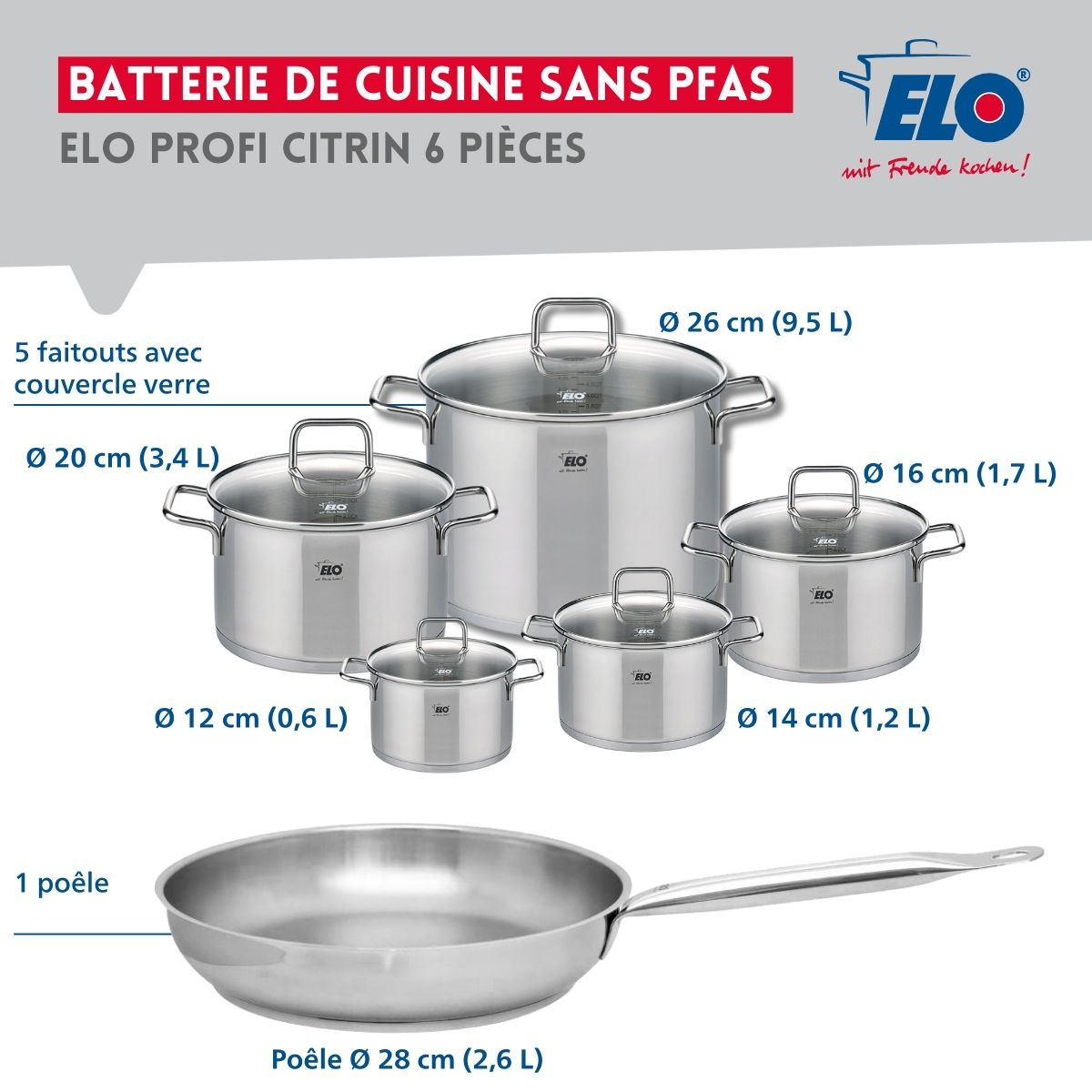 Ensemble de 1 Poêle de cuisson 28 cm et 5 faitouts 12, 14, 16, 20 et 26 cm  Profi Citrin Elo - Mathon - 2