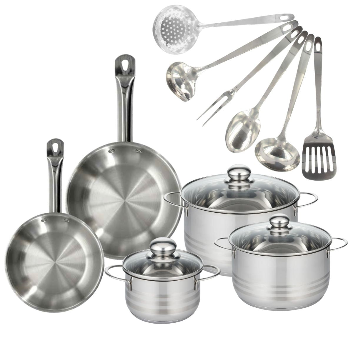 Set 2 poêles 20 et 24 cm en inox, 3 faitouts inox 16, 20 et 24 cm et 6 ustensiles inox  Eterna Fackelmann - Mathon - 1